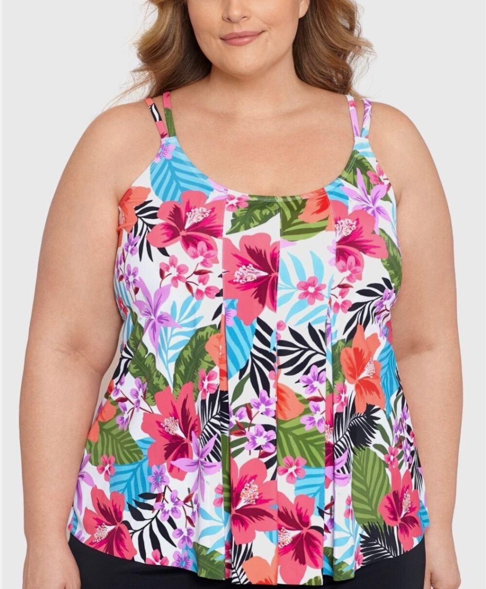 Swim Solutions Pink Blue Tropical Pleated Tankini Top 10 NWT